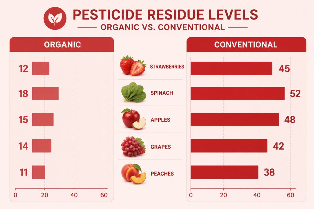 Bar chart comparing pesticide residue levels in organic food worth price versus conventional produce items.