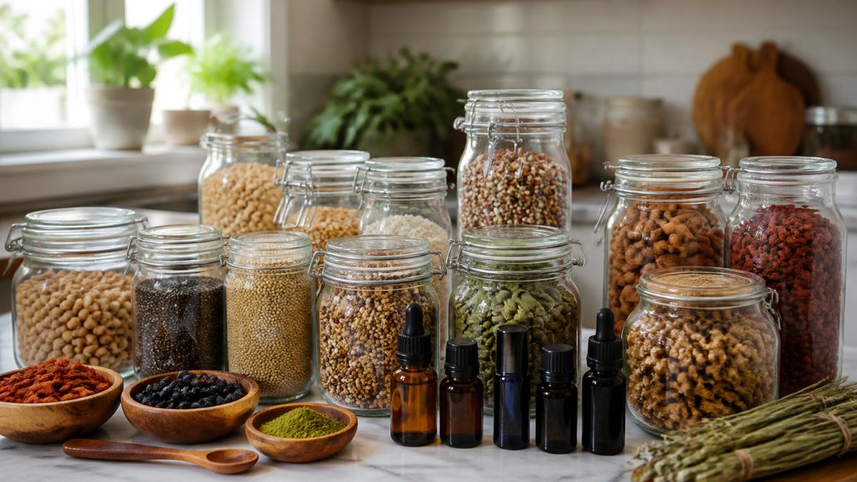 Glass jars filled with affordable natural wellness products like grains and nuts arranged on a marble kitchen counter