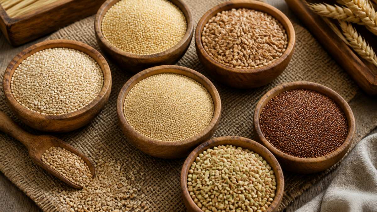 Close-up overhead view of various ancient grains in wooden bowls, quinoa, amaranth, millet, farro, teff, buckwheat, arranged on a natural surface with soft natural lighting