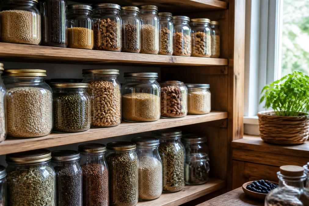 Organized pantry shelves with glass jars of grains and legumes for your organic pantry delivery.