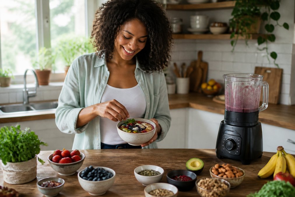 Home cook preparing a colorful smoothie bowl with the best superfoods for daily nutrition in a bright kitchen.
