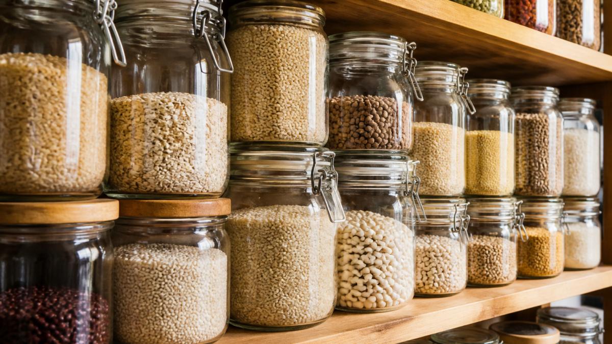 Close-up of various glass jars and food-grade containers filled with different organic grains stacked neatly on a pantry shelf with handwritten labels on each jar