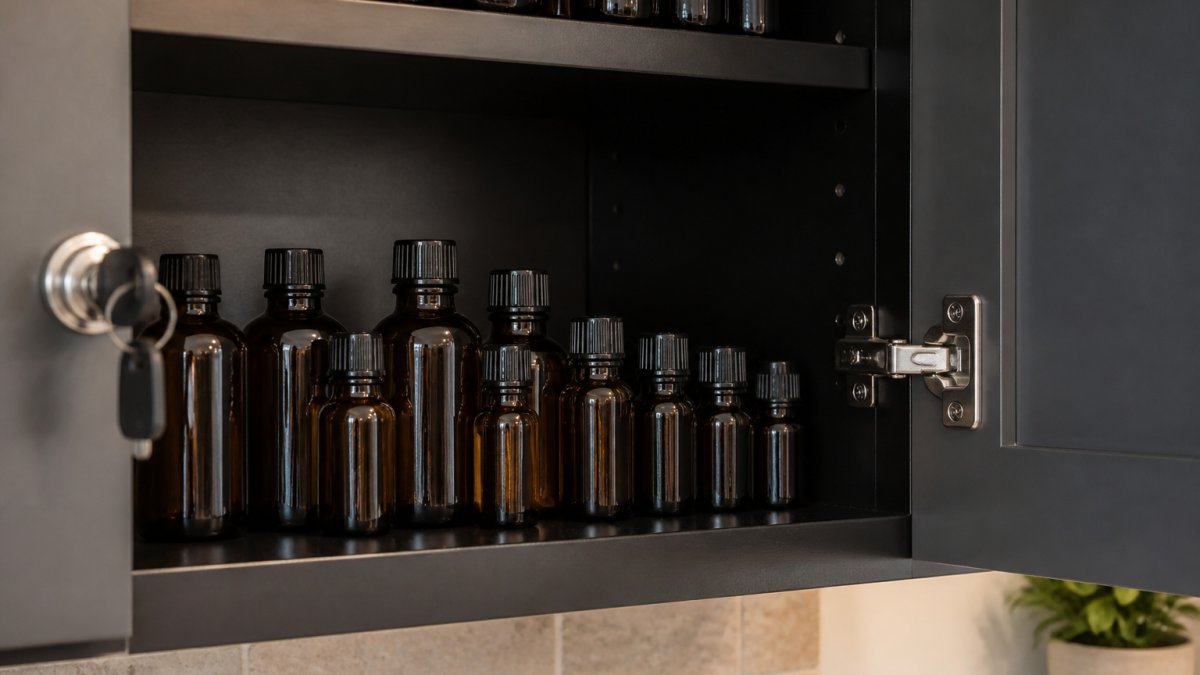 Essential oil bottles with child safety locks stored in a high locked cabinet away from reach, with clear labeling visible on amber glass bottles