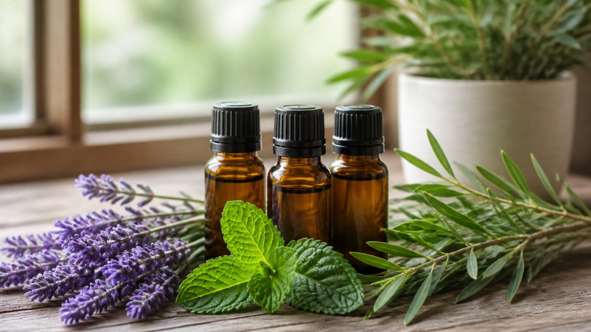 Bottles of lavender, peppermint, and tea tree essential oils for holistic health arranged with fresh botanicals