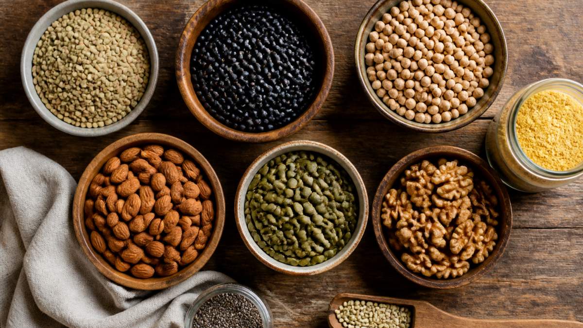 Infographic layout of essential pantry staples for holistic health, featuring protein and fiber-rich foods.