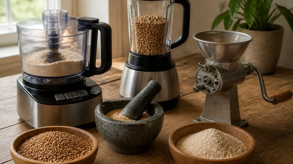 Kitchen counter with various grain-grinding tools arranged together: food processor with blade attachment, blender with whole grains visible inside, mortar and pestle with crushed grain, manual hand mill, and a bowl of whole wheat berries in natural light