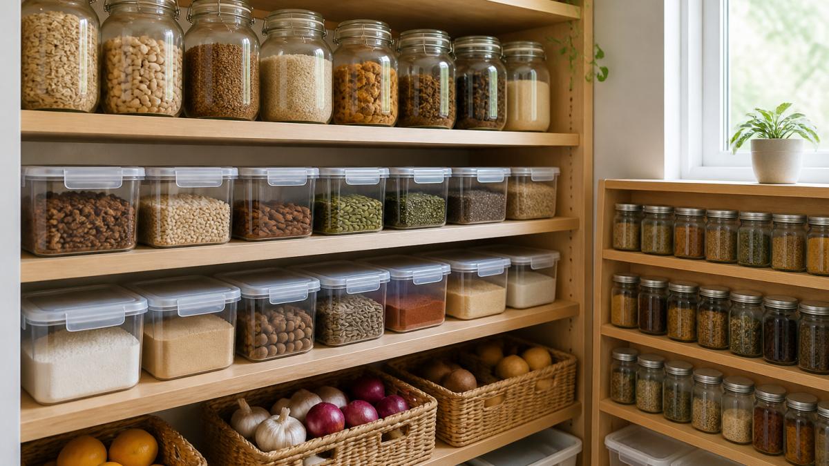Well-organized pantry shelves with clear glass jars, labeled airtight containers, stackable plastic bins, and organized spice racks displaying various organic grains, dried herbs, and superfoods in natural daylight
