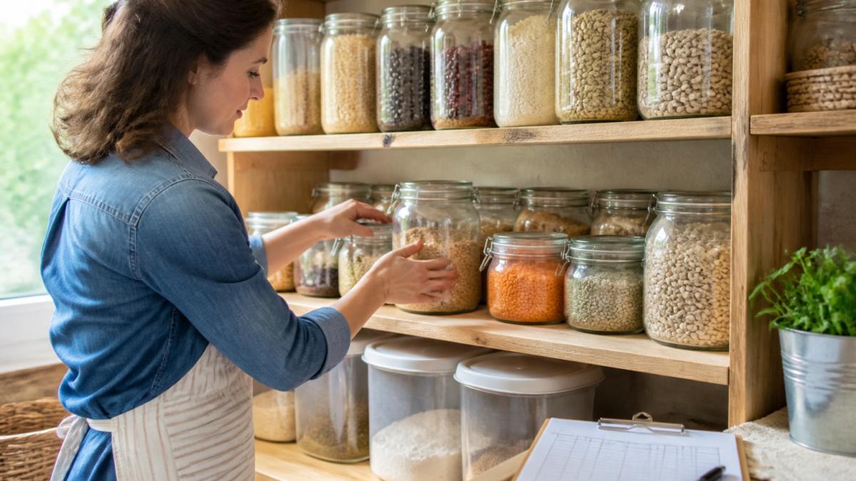 Home cook organizing labeled jars of grains and beans to maintain a consistent food supply on pantry shelves