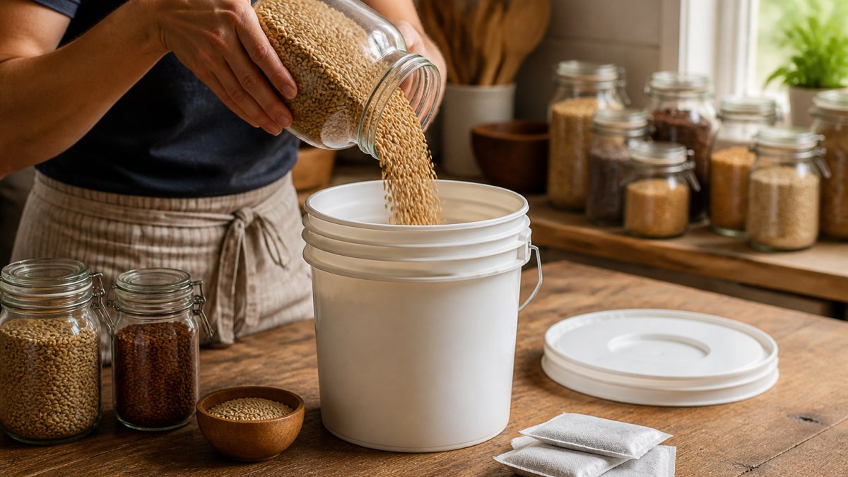Step-by-step workflow to store organic grains long term using food-grade buckets and oxygen absorbers