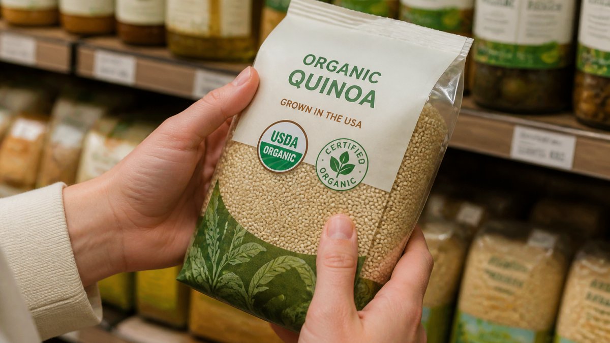 Infographic showing steps to verify organic food quality using the USDA organic label and certification seal.