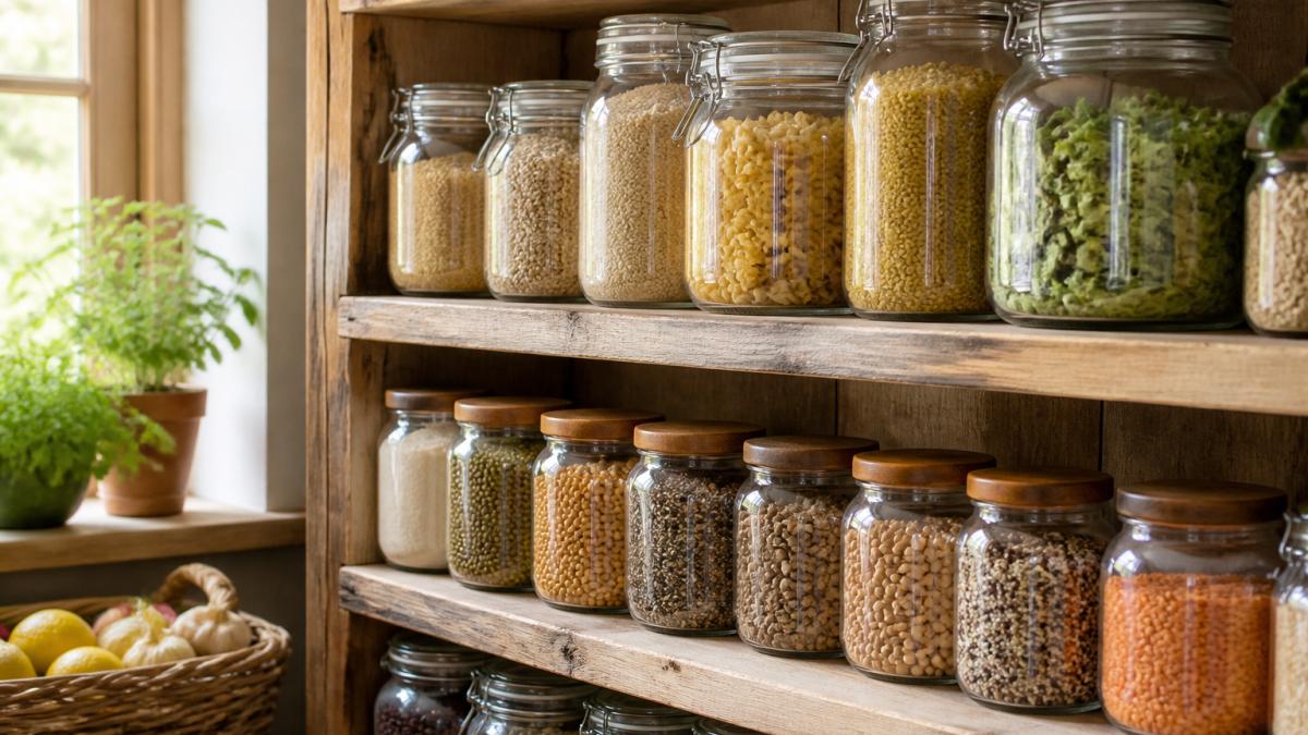 Well-organized kitchen pantry shelf displaying glass jars filled with organic grains, pasta, seeds, and dried herbs with handwritten labels on a wooden background with natural window lighting
