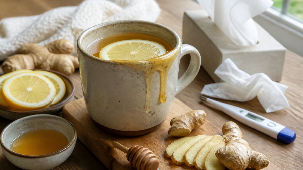 Warm mug of herbal tea with fresh ginger slices, honey drizzled on the rim, and a lemon slice on a wooden table with tissues and a thermometer nearby, natural window lighting
